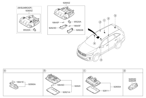 2020 Kia Sorento Overhead Console Lamp Assembly Diagram for 92800C6200