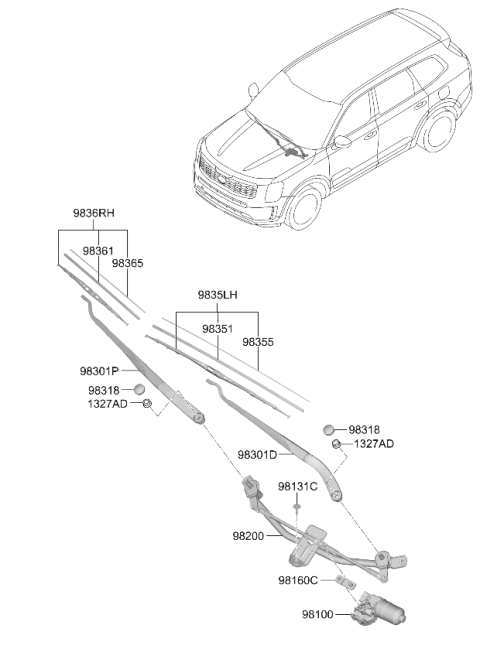 2024 Kia Telluride Windshield Wiper Arm Assembly Diagram for 98321S9500