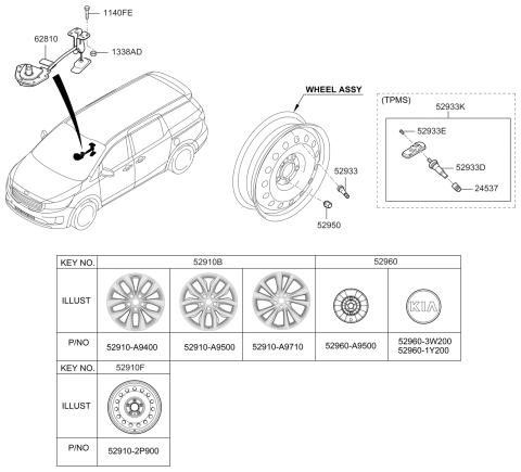 2021 Kia Sedona Aluminum Wheel Assembly Diagram for 52910A9400