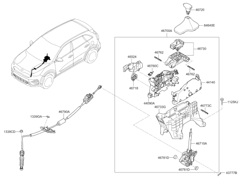 2020 Kia Niro Automatic Transmission Shift Lever Assembly Diagram for 46700G5110