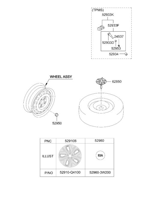 2019 Kia Niro EV Aluminium Wheel Assembly Diagram for 52910Q4100