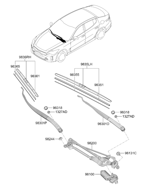 2023 Kia Stinger Passenger Windshield Wiper Blade Assembly Diagram for 98360D4000