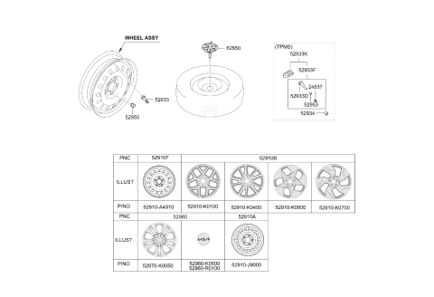 2023 Kia Soul Aluminium Wheel Assembly Diagram for 52910K0700