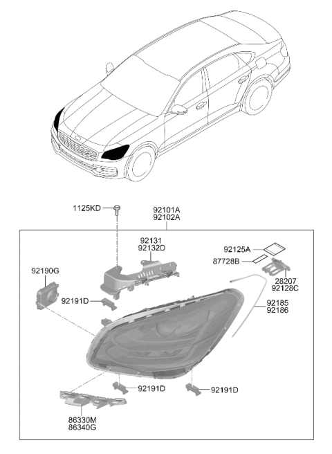 2019 Kia K900 Passenger Side Headlight Assembly Diagram for 92102J6120