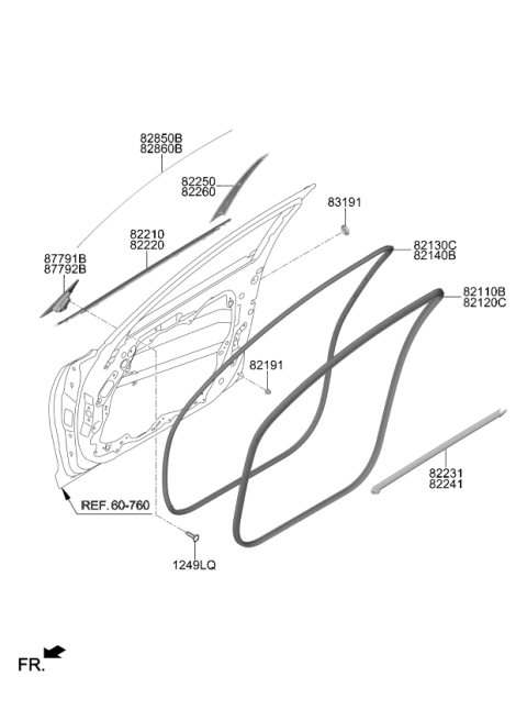 2021 Kia Stinger Front Door Side Weatherstrip Assembly Diagram for 82140J5000