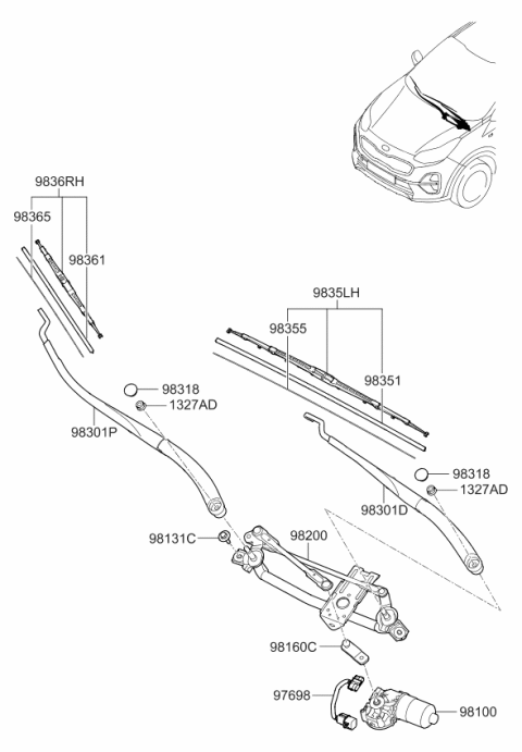 2020 Kia Sportage Drive Windshield Wiper Blade Assembly Diagram for 98351B1000