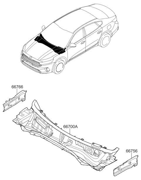 2020 Kia Cadenza PANEL-COWL SIDE OUTE Diagram for 66766F6000