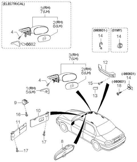 1999 Kia Sephia Sunvisor Assembly Left Hand Diagram for 0K2NB6932075