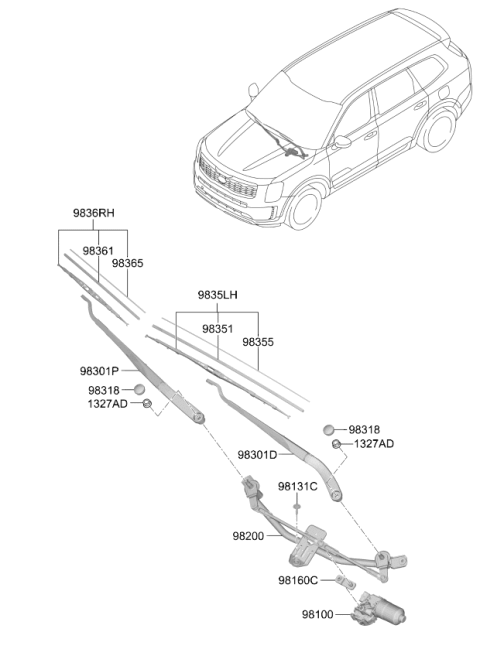 2022 Kia Telluride Passenger Windshield Wiper Blade Assembly Diagram for 98360S9000