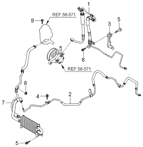 2006 Kia Amanti New Body Style (Produced Before OCT.2006) Power Steering Hose & Bracket